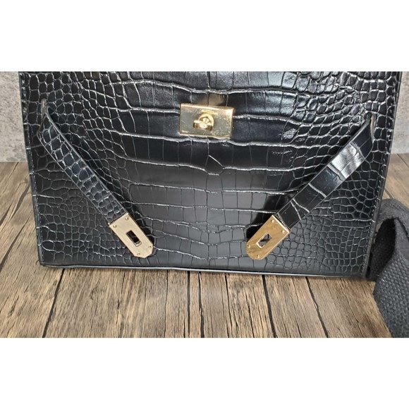 KELLY CROC BIRKIN-STYLE BAG MEDIUM BLACK Back in S - Picture 3 of 10